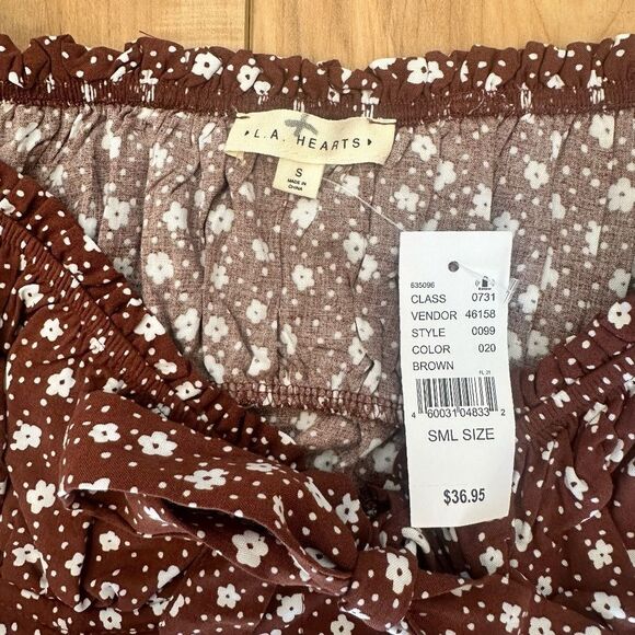 NWT L.A. Hearts-PacSun Cold Shoulder Floral Crop Top Brown/White Size Small - Picture 6 of 11